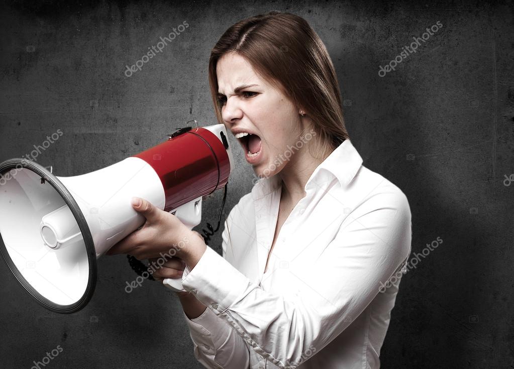 blond woman with a megaphone