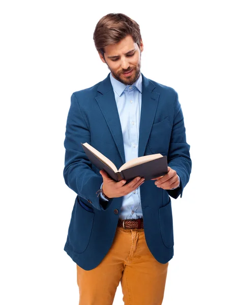 Homem de negócios feliz com pequeno livro — Fotografia de Stock