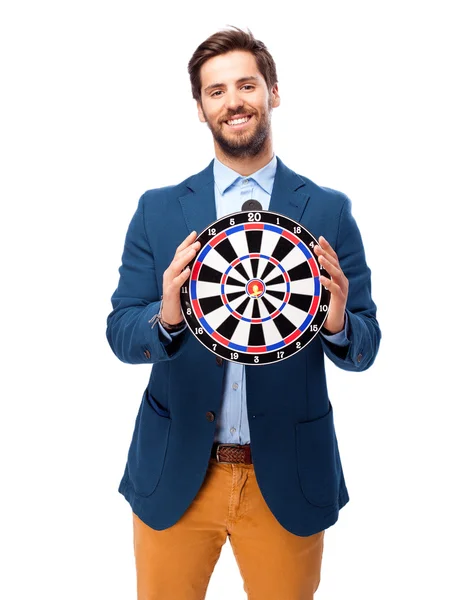 Worried businessman with dartboard — Stock Photo, Image