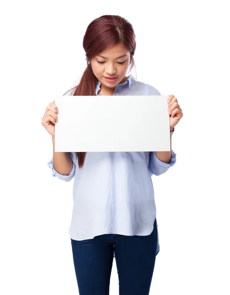 Happy chinese woman with banner — Stock Photo, Image