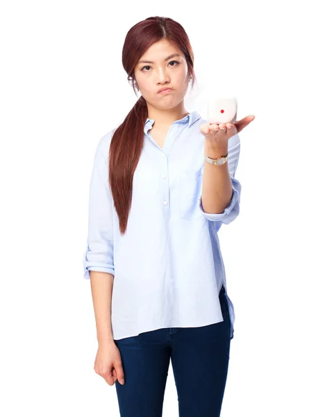 Chinese woman loser pose with dice — Stock Photo, Image