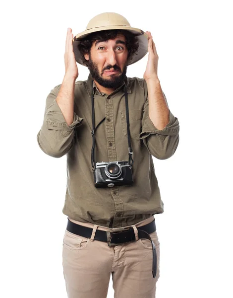 Homem explorador louco sinal assustado — Fotografia de Stock