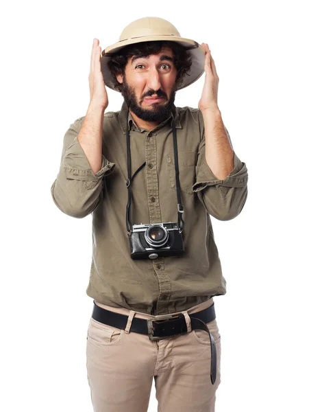 Verrückter Forscher Mann verängstigt Zeichen — Stockfoto