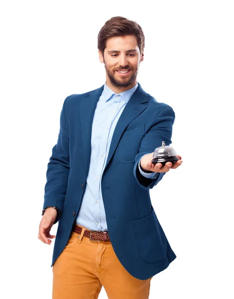 Happy businessman with ring bell — Stock Photo, Image