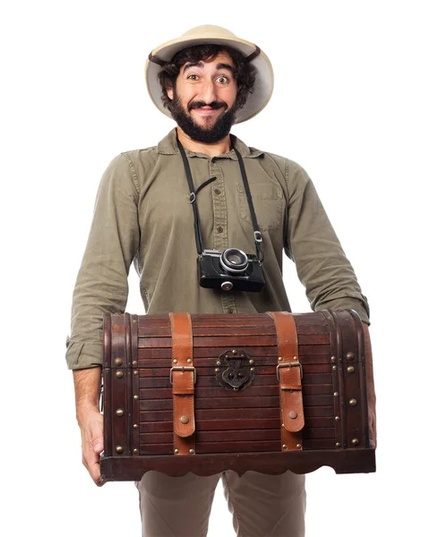Happy explorer man with chest — Stock Photo, Image
