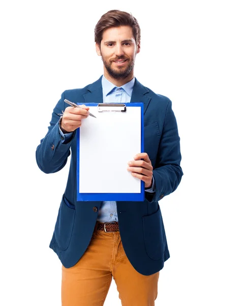 Zufriedener Geschäftsmann mit Notizbuch — Stockfoto