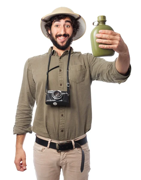 Crazy explorer man with canteen — Stock Photo, Image