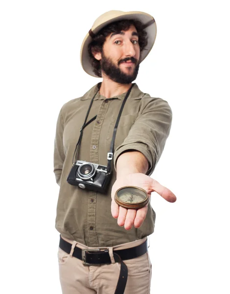 Bezorgd explorer man met kompas — Stockfoto