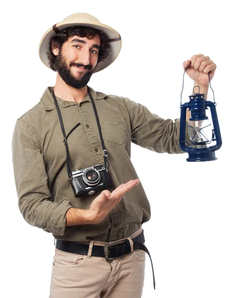 Crazy explorer man med olje-lampa — Stockfoto