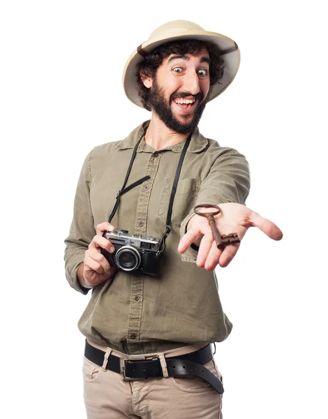 Crazy explorer man with vintage key — Stock Photo, Image