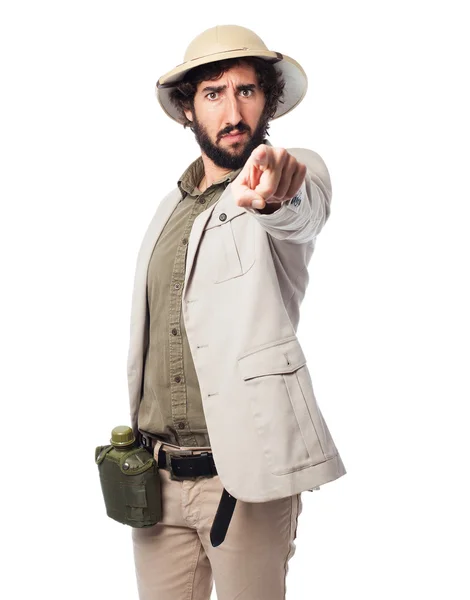 Crazy explorer man pointing-front — Stock Photo, Image