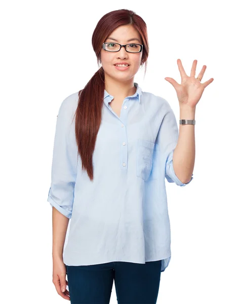 Happy chinese woman number five — Stock Photo, Image