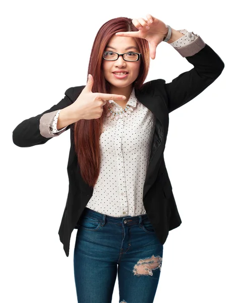 Happy chinese woman frame gesture — Stock Photo, Image