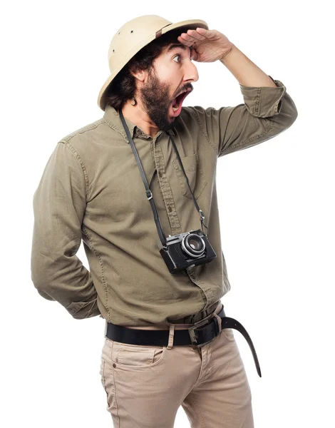 Crazy explorer man looking far sign — Stock Photo, Image