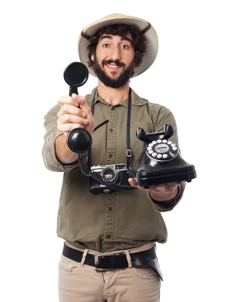 Gek explorer man met telefoon — Stockfoto