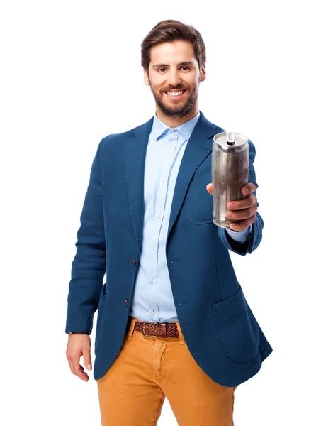 Happy businessman with beer — Stock Photo, Image