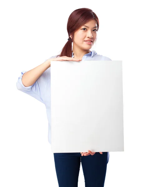 Happy chinese woman with banner — Stock Photo, Image