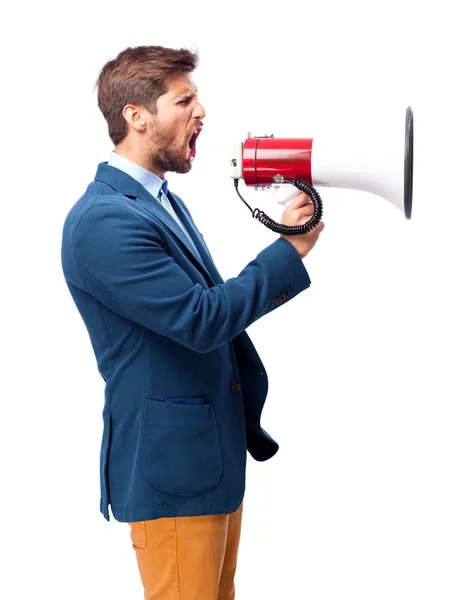 Homem de negócios gritando com megafone — Fotografia de Stock