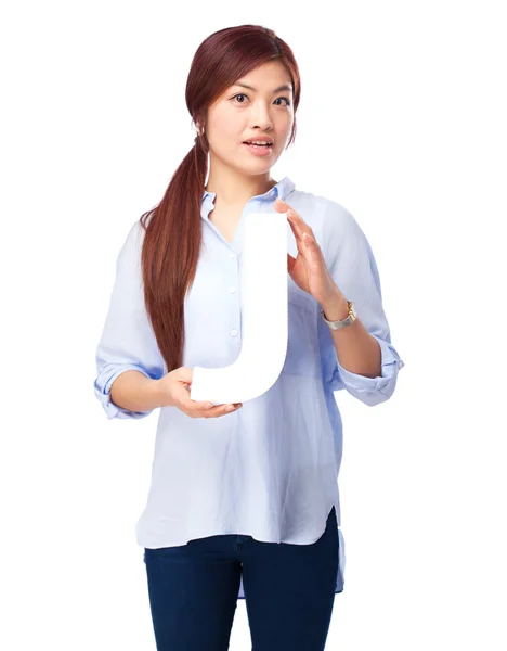 Happy chinese woman with j letter — Stock Photo, Image