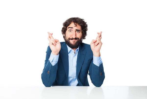 Stressed businessman cross fingers — Stock Photo, Image