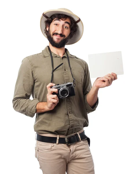 Crazy Průzkumník muže s transparentem — Stock fotografie