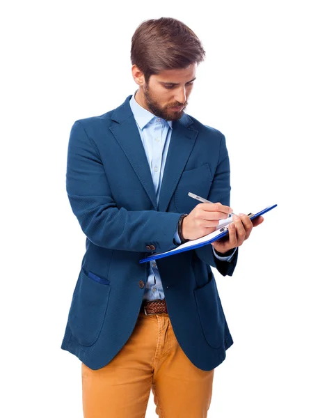 Zufriedener Geschäftsmann mit Notizbuch — Stockfoto