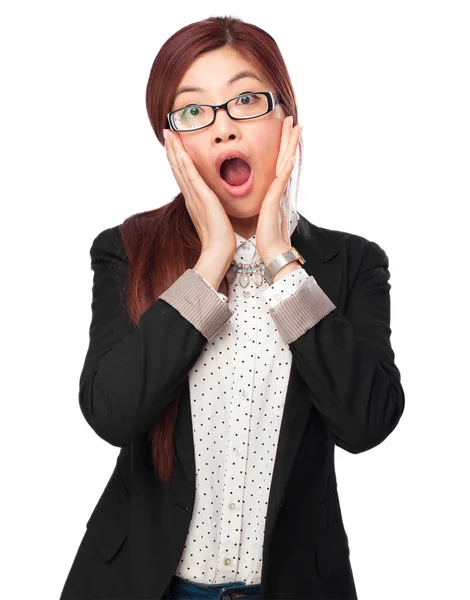 Worried chinese woman surprised sign — Stock Photo, Image