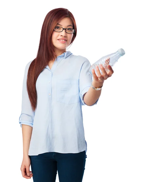 Happy chinese woman with water-bottle — Stock Photo, Image