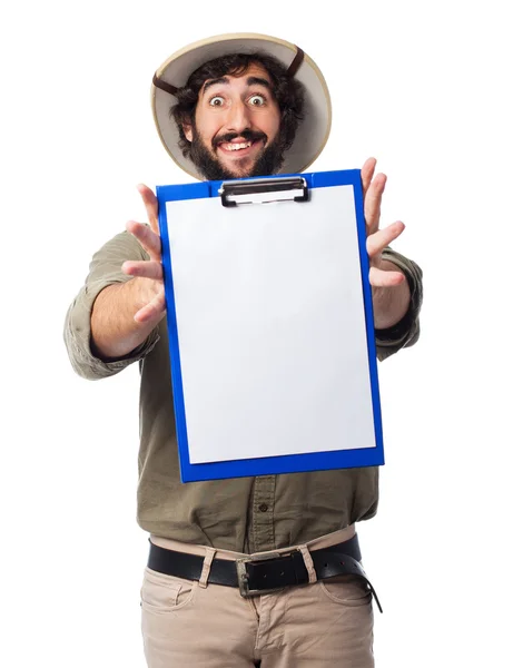 Pazzo esploratore uomo con notebook — Foto Stock