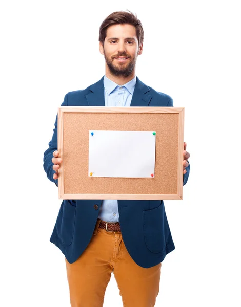 Zufriedener Geschäftsmann mit Korkboard-Note — Stockfoto