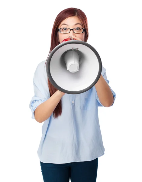 Chinese woman shouting with megaphone — Stock Photo, Image