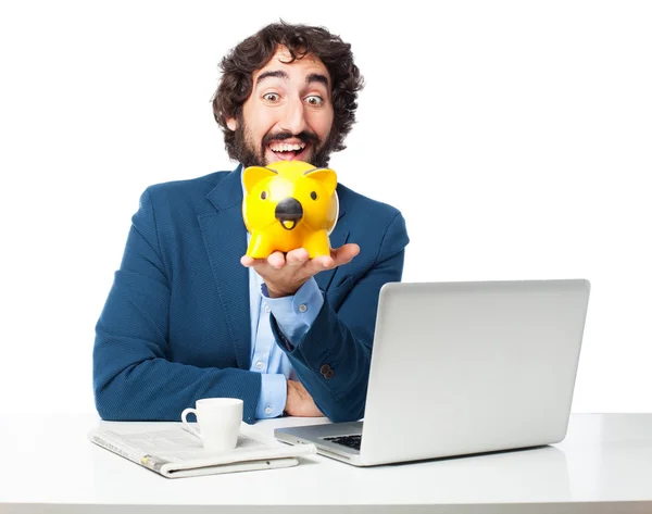 Homem de negócios feliz com banco porquinho — Fotografia de Stock