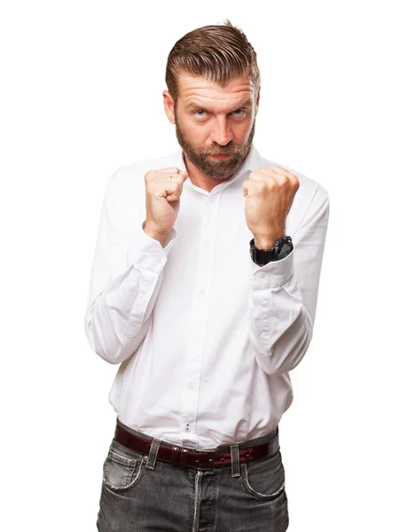 Angry young man strijd teken — Stockfoto