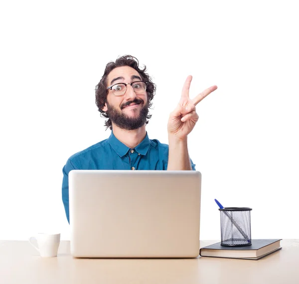 Businessman victory sign with laptop — Stock Photo, Image