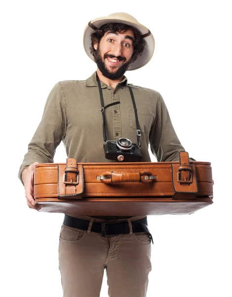 Homem explorador feliz com mala — Fotografia de Stock