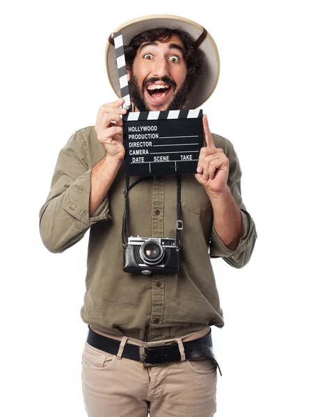 Crazy explorer man with clapper — Stock Photo, Image