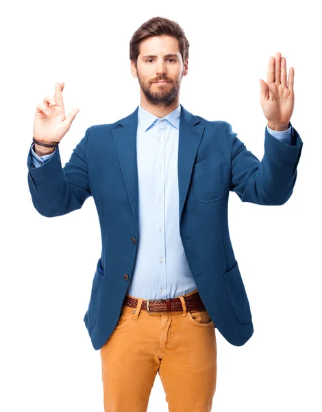 Happy businessman swearing sign — Stock Photo, Image