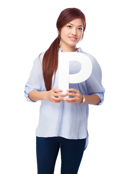 Happy chinese woman with p letter — Stock Photo, Image