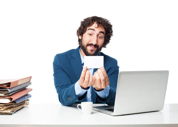 Zufriedener Geschäftsmann mit Visitenkarte — Stockfoto