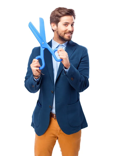 Happy businessman with scissors — Stock Photo, Image