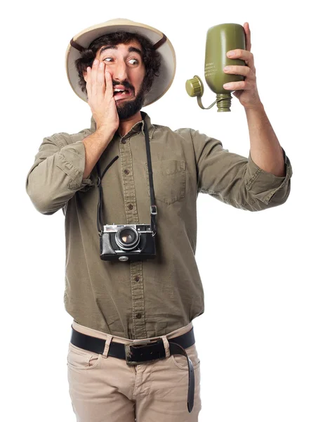 Crazy explorer man with canteen — Stock Photo, Image