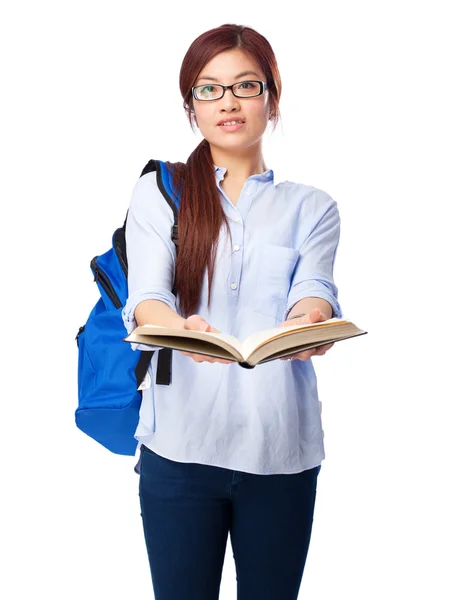 Chinese woman thinking with small book — Stock Photo, Image