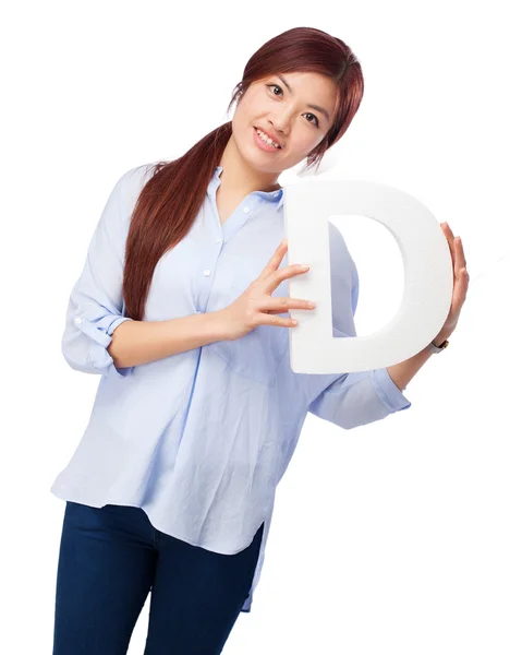 Happy chinese woman with d letter — Stock Photo, Image