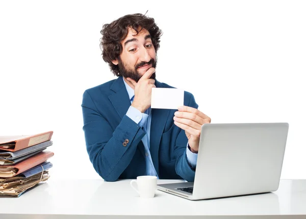 Hombre de negocios con archivos y tarjeta de visita — Foto de Stock