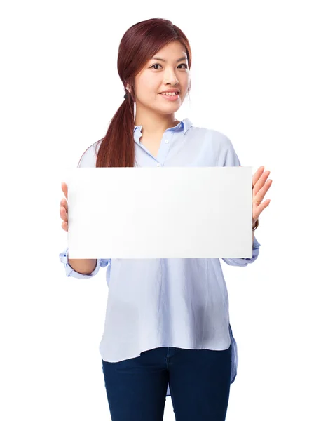 Happy chinese woman with banner — Stock Photo, Image