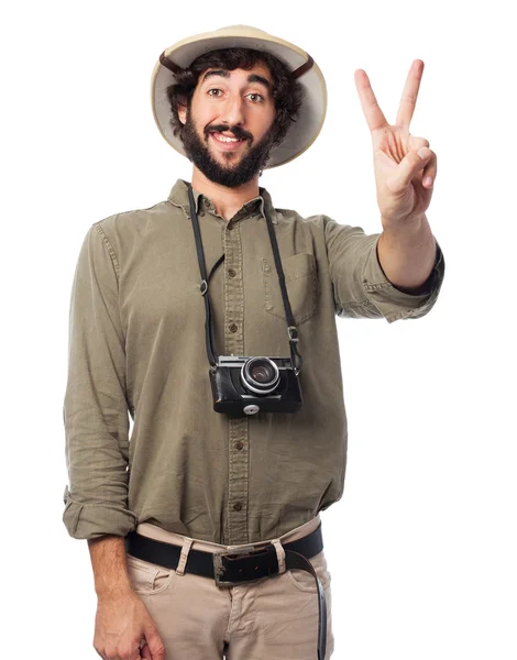 Crazy explorer man victory gesture — Stock Photo, Image