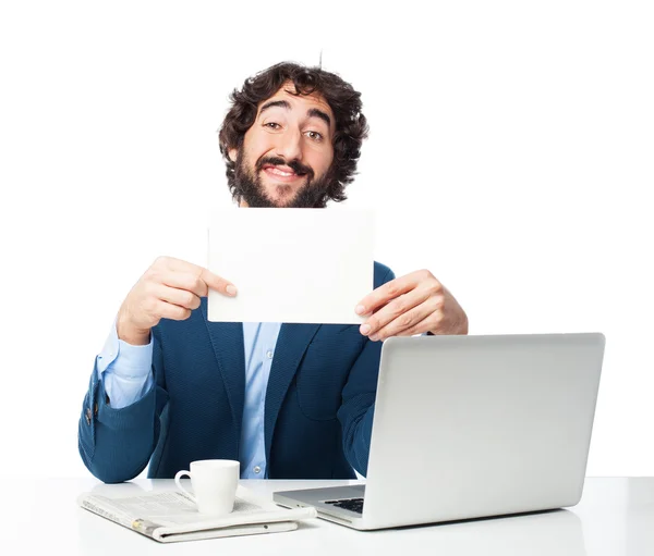 Zufriedener Geschäftsmann mit Banner — Stockfoto