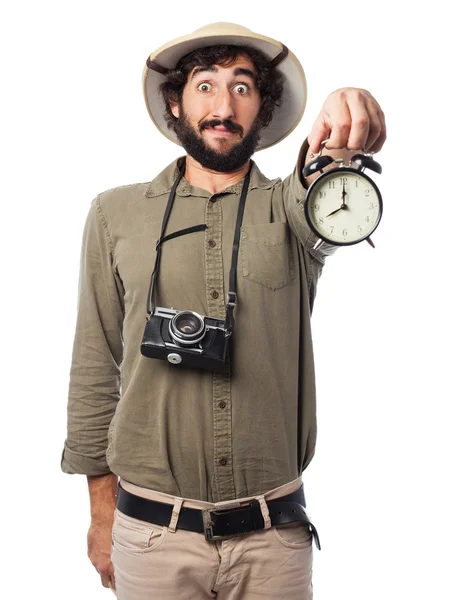 Crazy explorer man with clock — Stock Photo, Image