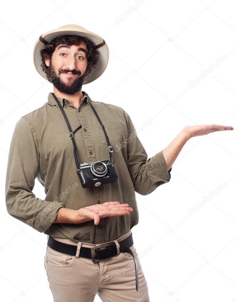 crazy explorer man showing gesture