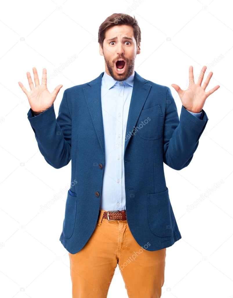 scared businessman frightened pose